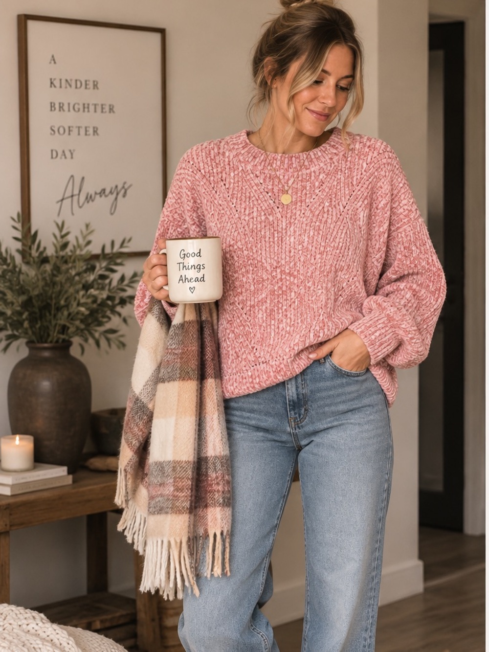 H&M Chenille Soft Oversized fit Dolman Sleeve Casual 💕Pink Knit Sweater